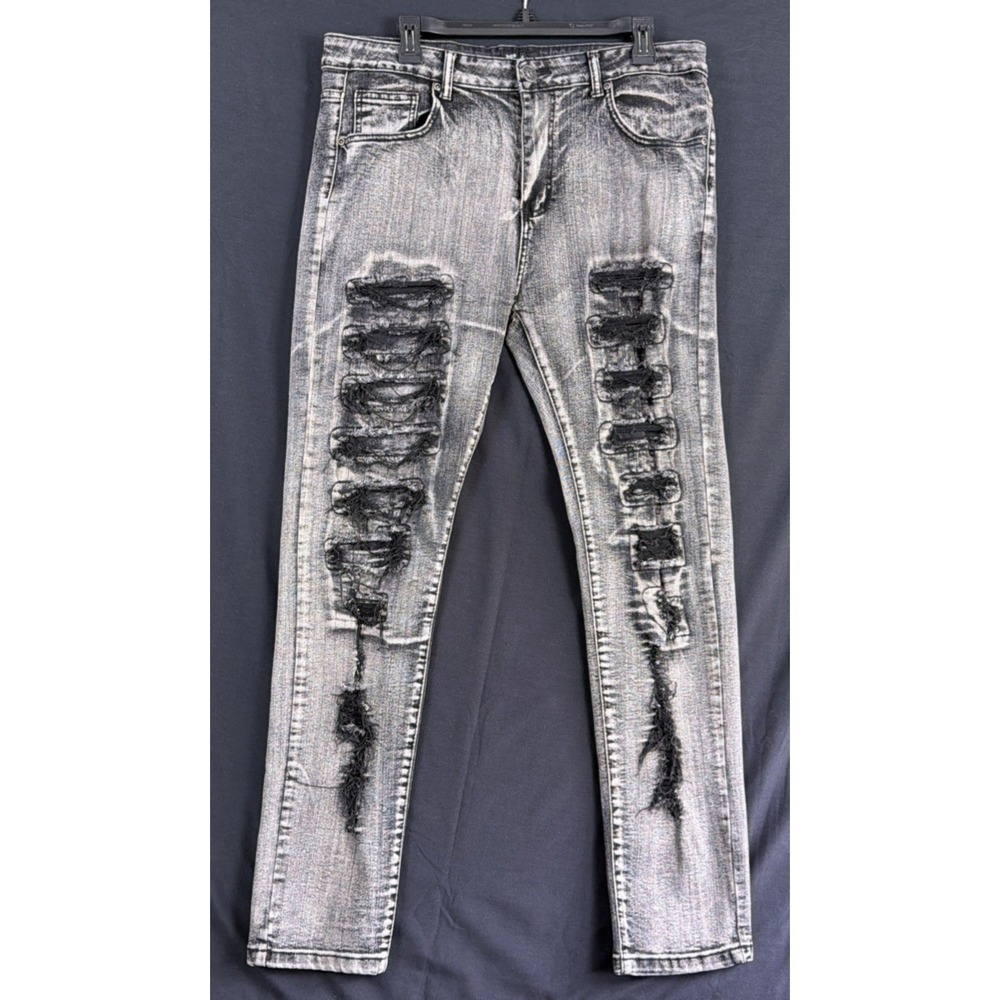 Men's Waimea Skinny Fit Distressed Black Denim Jeans Size 36X32